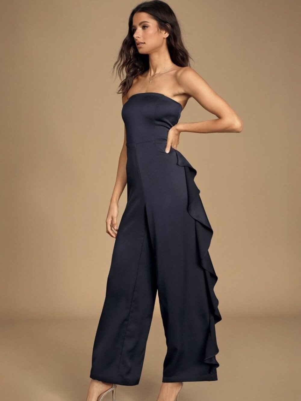 Lululs Cascading Love Navy Blue Strapless Ruffled Wide-Leg Jumpsuit NWT - Picture 3 of 8